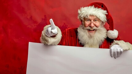 Naklejka premium Merry Santa Claus holding a blank banner, festive Christmas theme. Santa is smiling warmly with his iconic red outfit and hat. Image is perfect for advertisements and holiday greetings. AI