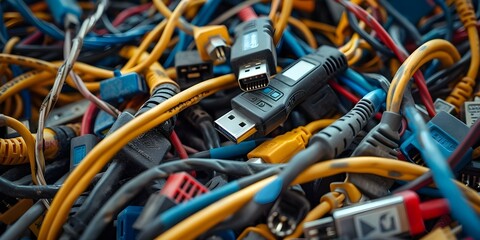 Pile of outdated charging cables and wires prepared for electronic recycling. Concept E-Waste Recycling, Outdated Technology, Sustainable Living, Green Practices, Electronic Waste
