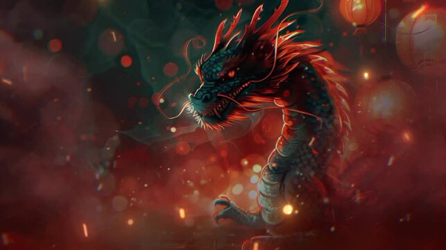 Dynamic and festive background featuring a majestic dragon in vibrant colors, set against a backdrop of traditional Chinese patterns and glowing lanterns, perfectly capturing Chinese New year