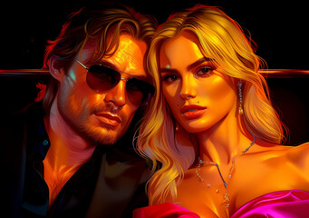 Obraz premium A man and a woman are posing for a picture. The man is wearing sunglasses and the woman is wearing a necklace. Scene is playful and flirtatious