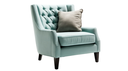 Turquoise Upholstered Armchair With Grey Pillow in a Modern Interior Setting