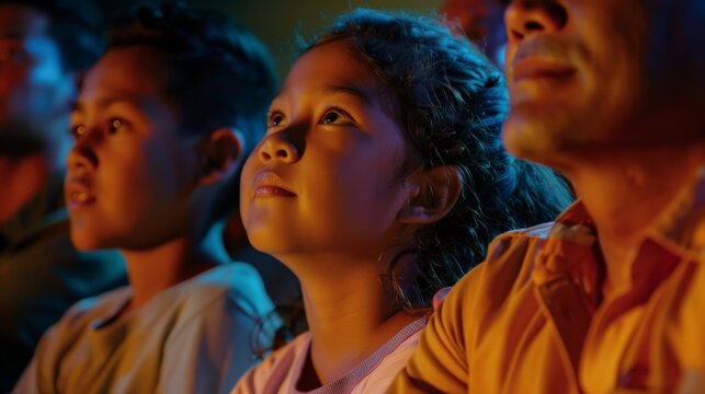 A family is watching a movie in a theater.
