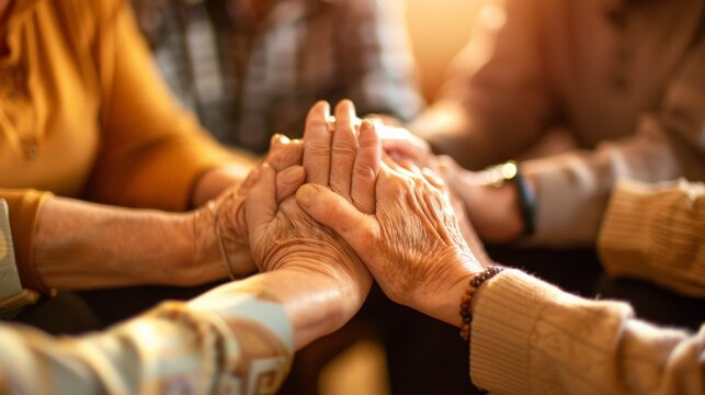 A group of elderly people holding hands, showing unity and support.