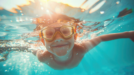 Naklejka premium Joyful Kid Diving and Swimming in Sparkling Pool at Resort During Summer Vacation