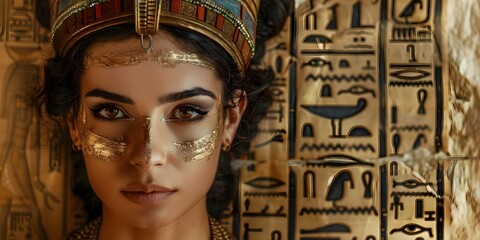 High priestess with ornate headpiece papyrus scrolls and hieroglyphs in foreground. Concept Ancient Egypt, High Priestess, Ornate Headpiece, Papyrus Scrolls, Hieroglyphs