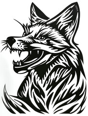 Obraz premium A black and white drawing of a fox with its mouth open and teeth bared