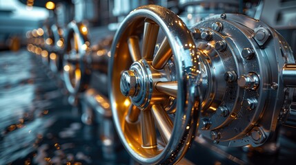 Close-Up of Industrial Ship Valve. Close-up shot of an industrial ship valve, showcasing the intricate details and mechanical components of the engine room.