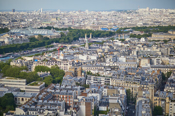 Aerial scenic view of the river Seine, touristic boats and bridges over the Seine in Paris, France.