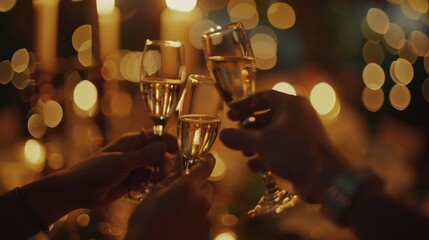 Defocused hands raising glasses in a toast capturing the spirit of camaraderie and togetherness.