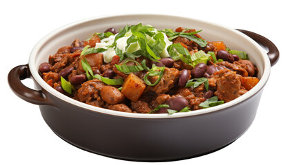 Close Up of Chili With Beans, Ground Beef, and Vegetables in a Brown Serving Dish