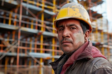 Experienced construction worker supervising operations at busy construction site