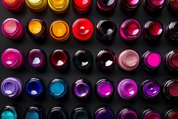 Colorful nail polish bottles on black background with red, pink, violet shellac uv gel palette