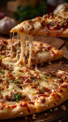 Close up Delicious Slice of fresh round pizza with mozzarella. vertical.