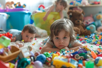 Fototapeta premium Joyful toddlers happily playing among numerous toys in a cluttered children s room
