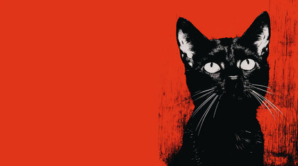 Black cat with bright eyes is illustrated against a striking red background, creating a vivid contrast and emphasizing the cat's alert expression.
