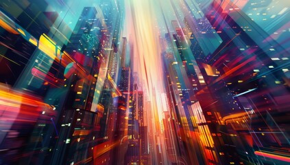 Digital art piece depicting an abstract futuristic cityscape, with vibrant colors and geometric shapes representing skyscrapers, surrounded by light rays and glowing highlights.