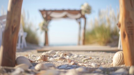 Hazy view of a beachfront nuptial with blurred images of seashells and driftwood accents.