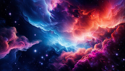 A colorful space scene with a mix of blue, red, and purple clouds