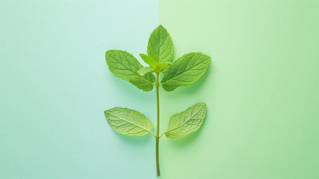 Fresh mint sprig displayed against a split green background, highlighting the natural vibrancy and simplicity of the leaves.