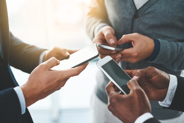 Business people, hands and typing with phone for communication, social media or data sync at office. Closeup of employees texting, browsing or chatting on mobile smartphone or networking at workplace