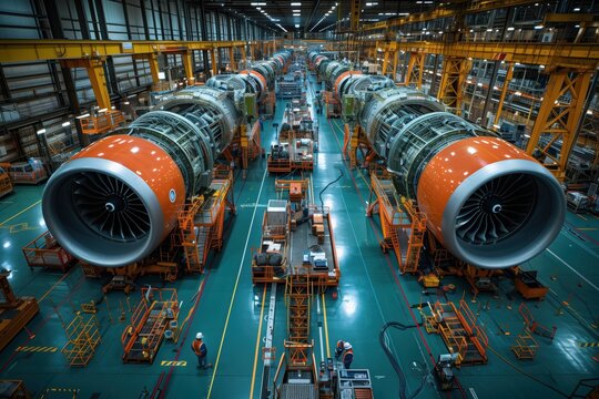 Jet Engines in Manufacturing Plant. Rows of jet engines being assembled in a large manufacturing plant, highlighting advanced aerospace engineering and technology.