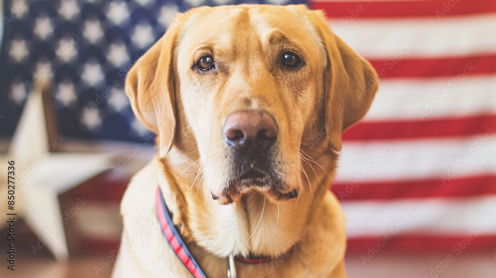 Wall mural Labrador dog giving a stars and stripes salute, perfect for patriotic celebrations and events. - Wall murals