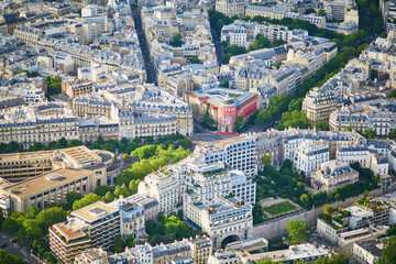 Aerial view of the city roofs in Paris, France.