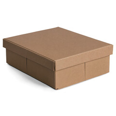 Front view of a brown cardboard box with a lid, displayed with a transparent appeal on a white background, png
