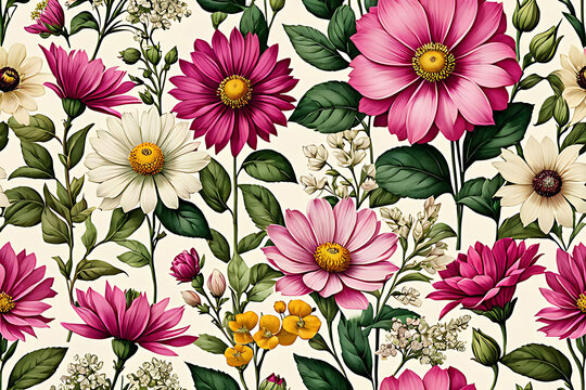 Seamless floral design with digital fabric pattern flowers with a repeating pattern of pink flowers and light green leaves.