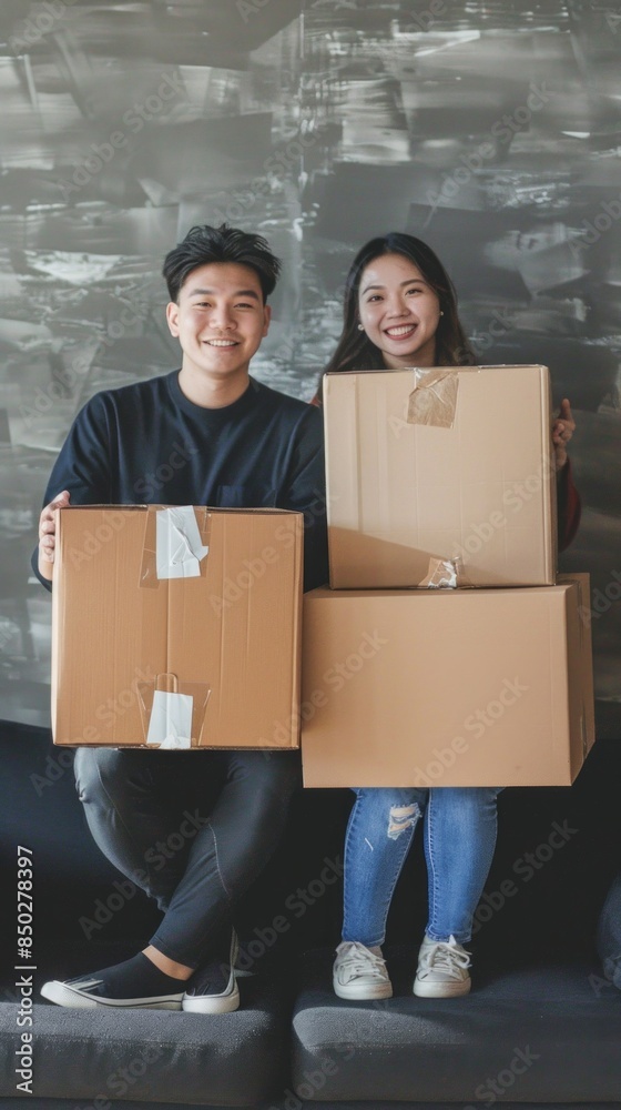 Poster A couple is posing with boxes in front of a wall