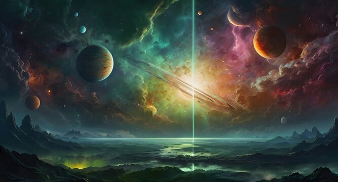 planet in space, big light, strange clows