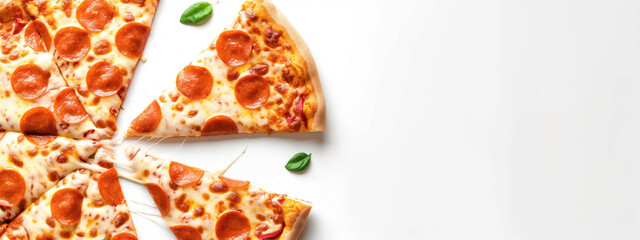 Pepperoni Pizza with Basil Leaves on White Background Sliced Cheesy Pizza Perfect for Food Photography.
