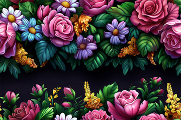 A colorful flower arrangement with a variety of colors including pink, yellow, and orange. The flowers are arranged in a way that creates a sense of depth and movement. Scene is cheerful and vibrant