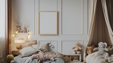 Children's bedroom with calm wall colors with blank photo frames