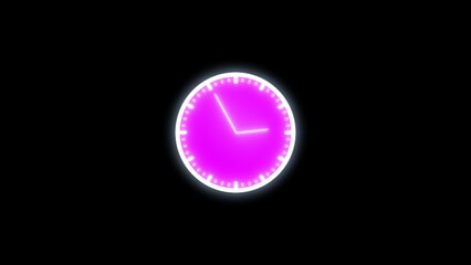 Neon clock icon Countdown 24 Hour Day Fast Speed. Clock with moving arrows.