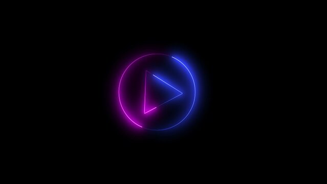 Video, audio neon play button icon animation. glowing play button animation. Press to play. Start button sign video. Music play button icon animation in glowing neon circle and press icon animation.