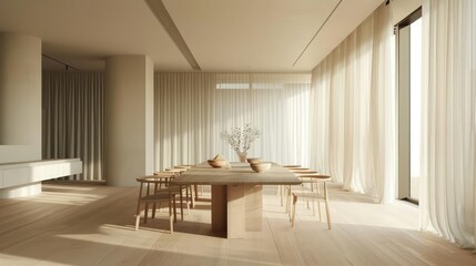Fototapeta premium A minimalist dining area is designed with a simple table and chairs, emphasizing functionality and a clutterfree environment for meals