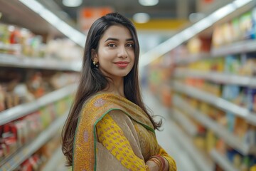 Smiling Indian Woman in Traditional Dress in Grocery Store Aisle