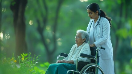 Doctor Assisting Elderly Woman in Wheelchair During Outdoor Walk