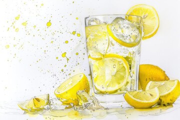 A refreshing glass of lemonade depicted in cool watercolor hues on a white background