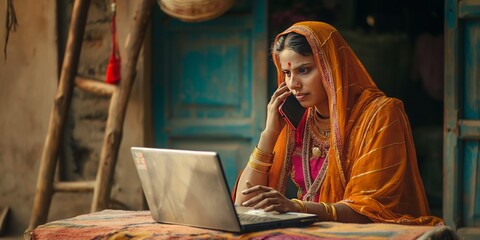 Rural Indian Woman in Sari Using Laptop and Mobile Phone in Traditional Setting