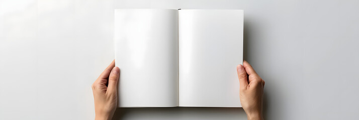 A5 open book mockup held by hands showcasing a blank page for design isolated on a white background providing copy space image