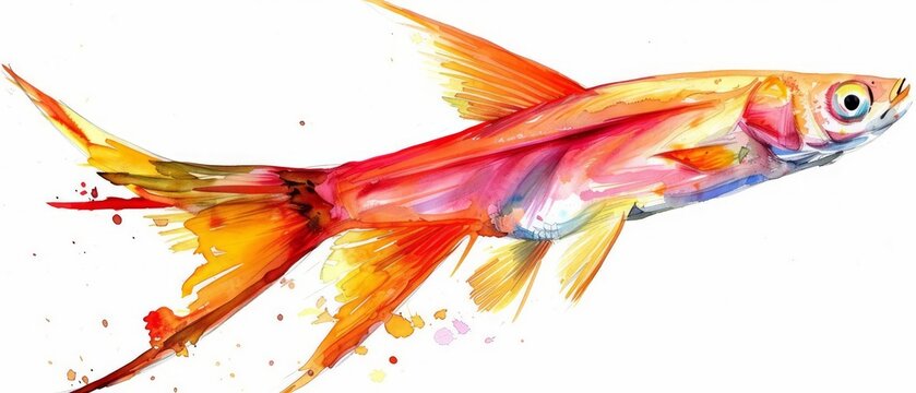 A sleek swordtail fish in vibrant watercolor shades on a white background