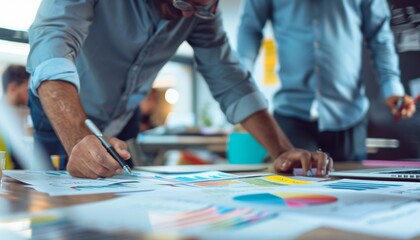 Creative Businessman Leading Brainstorming Session with Colleagues in Bright Office Setting with Sticky Notes and Diagrams on Whiteboard
