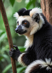 Obraz premium Stunning Cute White Ruffed Lemur Scouting Thru The Forest 300 PPI High Resolution Image
