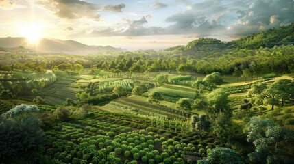 Fototapeta premium A verdant landscape depicts a harmonious blend of sustainable agriculture practices, including regenerative agriculture and organic farming, promoting biodiversity and soil health