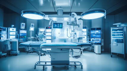 Equipment and medical devices in modern operating room take with art lighting and blue filter