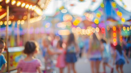 Defocused view of lively children playing games and enjoying activities at a fair.