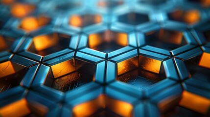 Fototapeta premium An abstract background featuring interlocking pentagons in a chainmail pattern, vibrant hues of blue and gold, hd quality, digital art, high contrast, geometric design, modern aesthetic.
