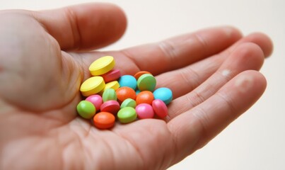 A hand holding a variety of vibrant, colorful pills against a neutral background
